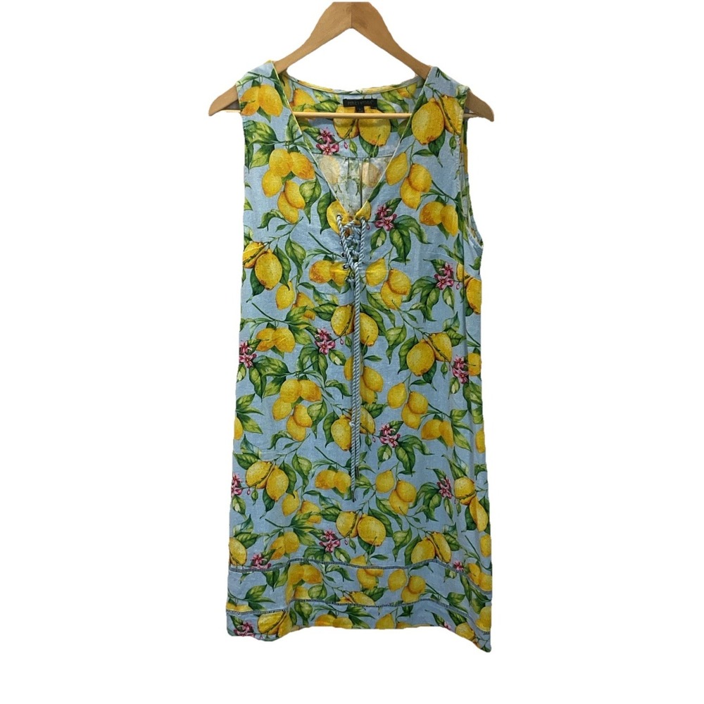 FOR‎ CYNTHIA Lemon Print Lace Linen Blend Sleeveless Dress Size L Resort Travel